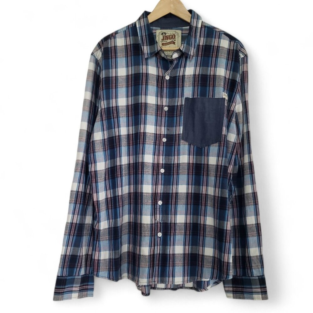 JNCO‎ Crown Brand Plaid Shirt Men's One Pocket Long Sleeve Button Up Camp XL
